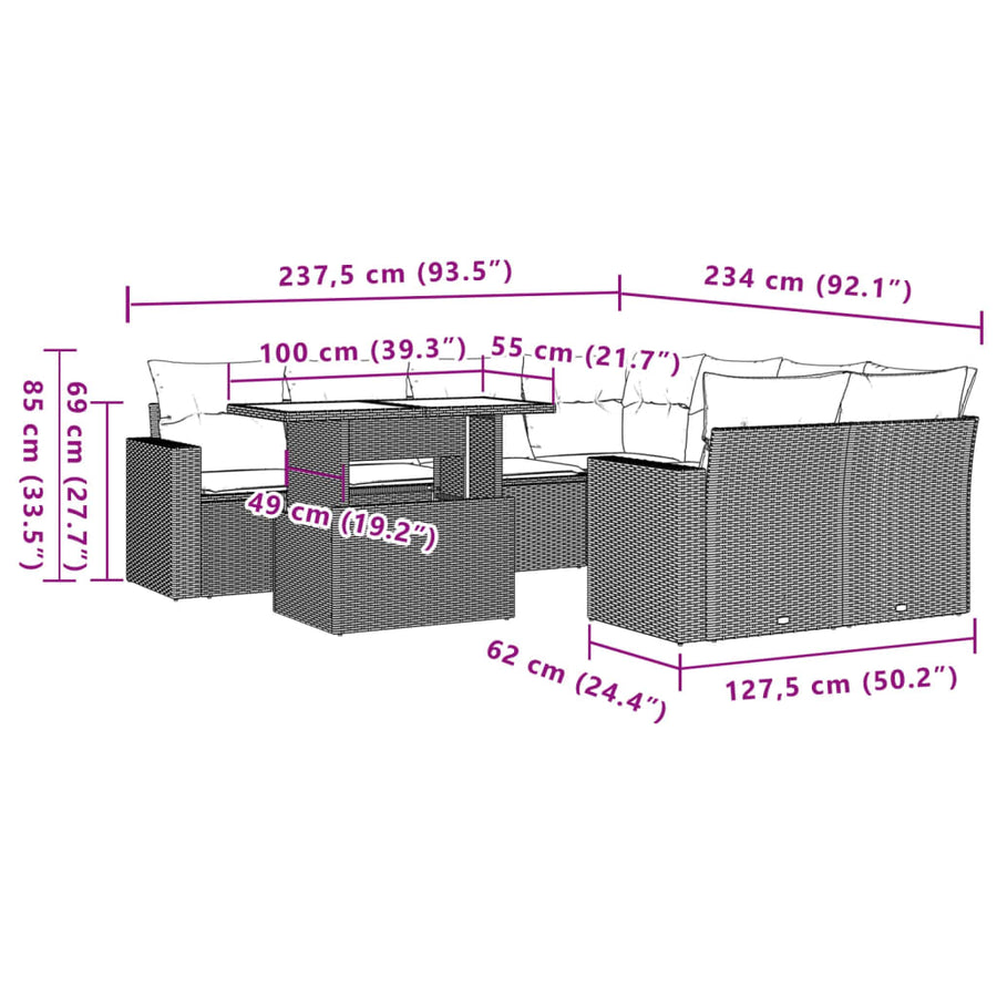 9-delige Loungeset met kussens poly rattan zwart