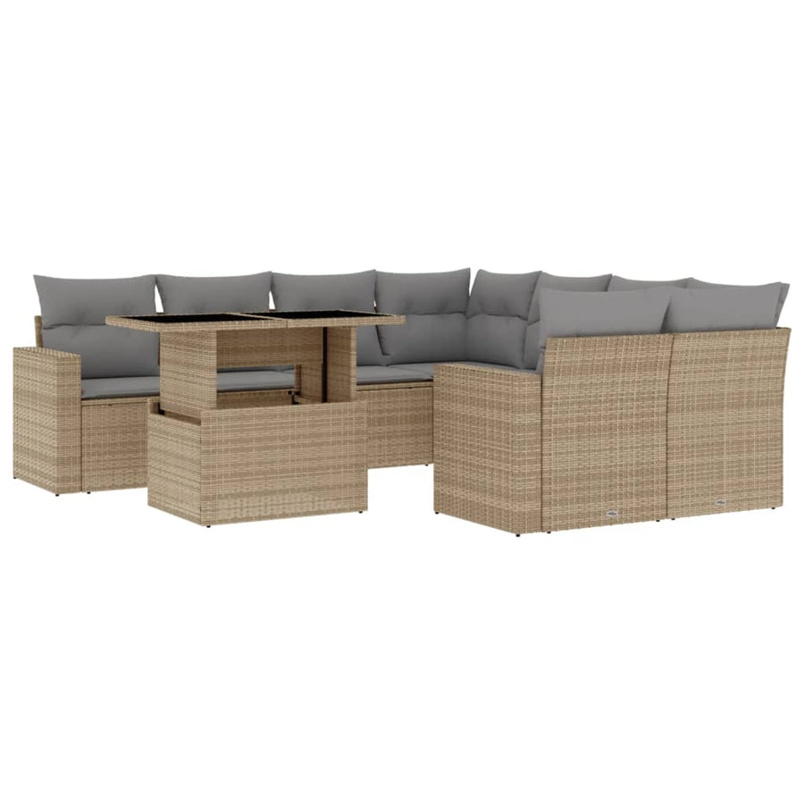 9-delige Loungeset met kussens poly rattan beige
