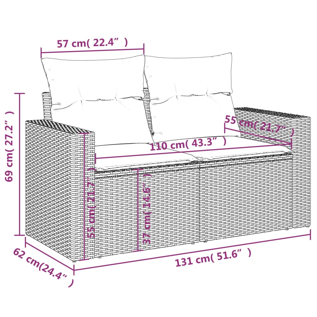 9-delige Loungeset met kussens poly rattan grijs