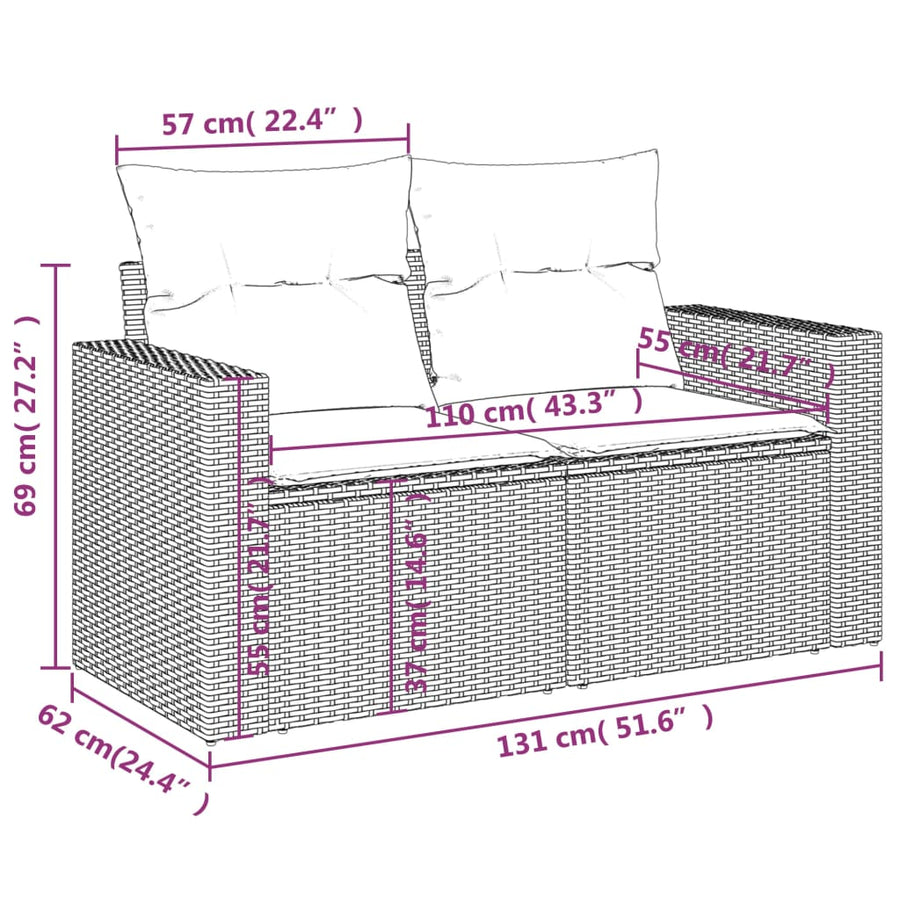 9-delige Loungeset met kussens poly rattan grijs