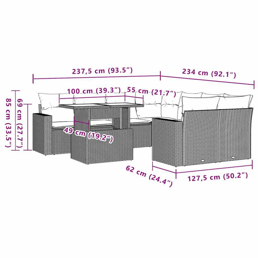 9-delige tuinbankset met kussens, grijs polyrotan