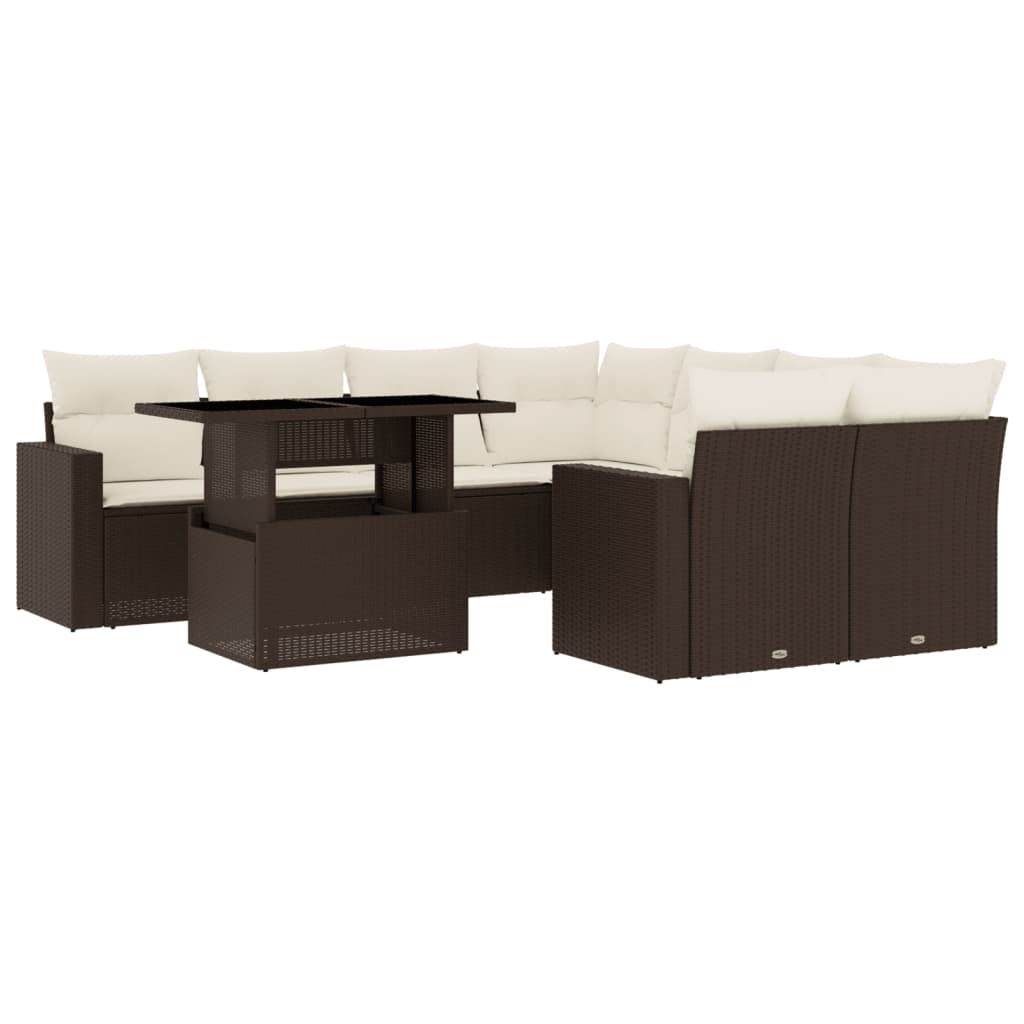 9-delige Loungeset met kussens poly rattan bruin