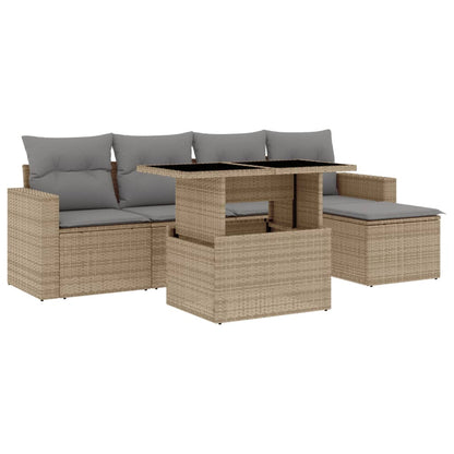6-delige Loungeset met kussens poly rattan beige