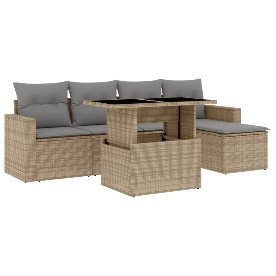 6-delige Loungeset met kussens poly rattan beige