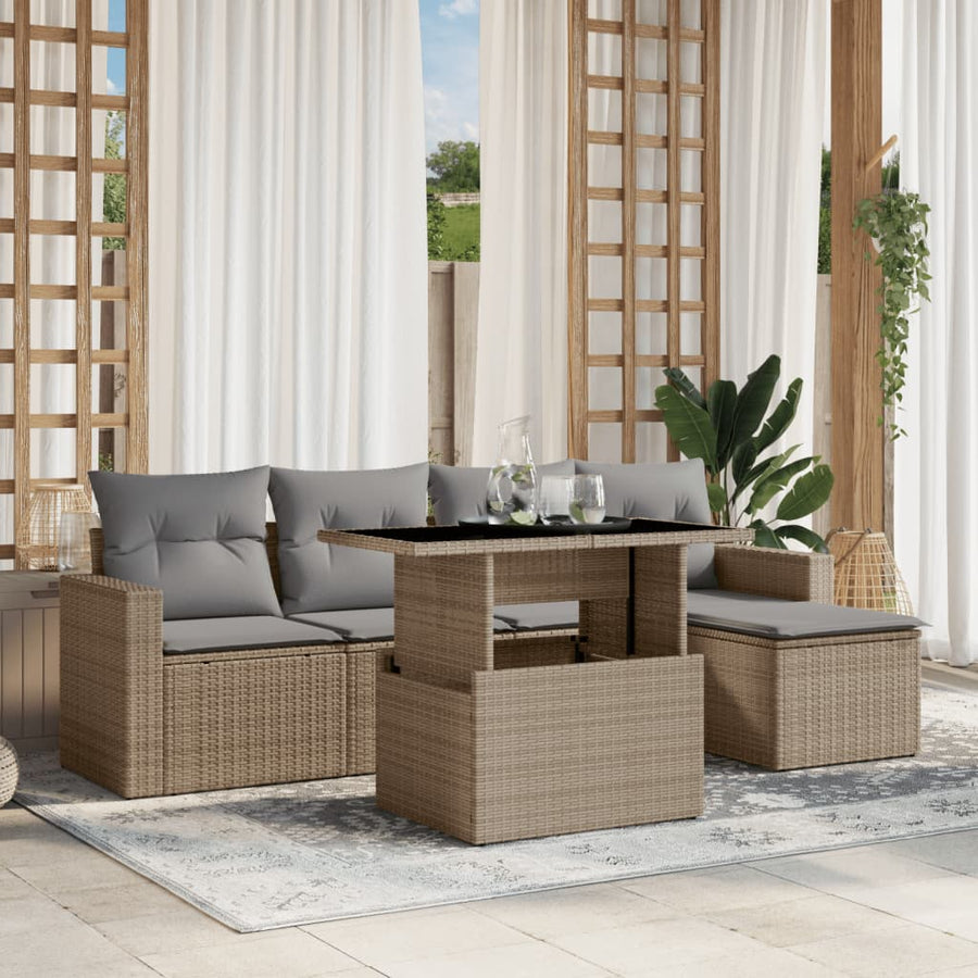 6-delige Loungeset met kussens poly rattan beige