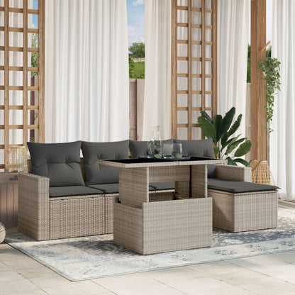 6-delige Loungeset met kussens poly rattan lichtgrijs