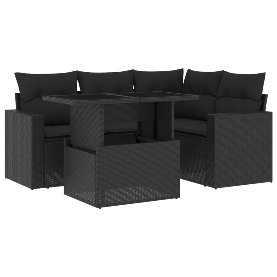 5-delige Loungeset met kussens poly rattan zwart