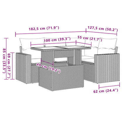5-delige Loungeset met kussens poly rattan zwart