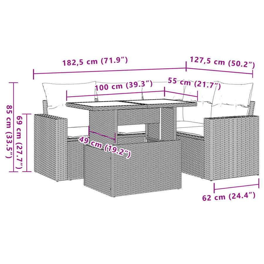 5-delige Loungeset met kussens poly rattan zwart