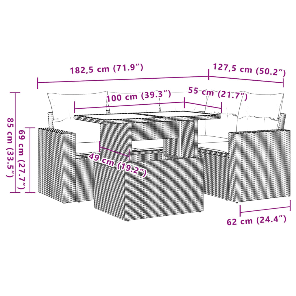 5-delige Loungeset met kussens poly rattan zwart