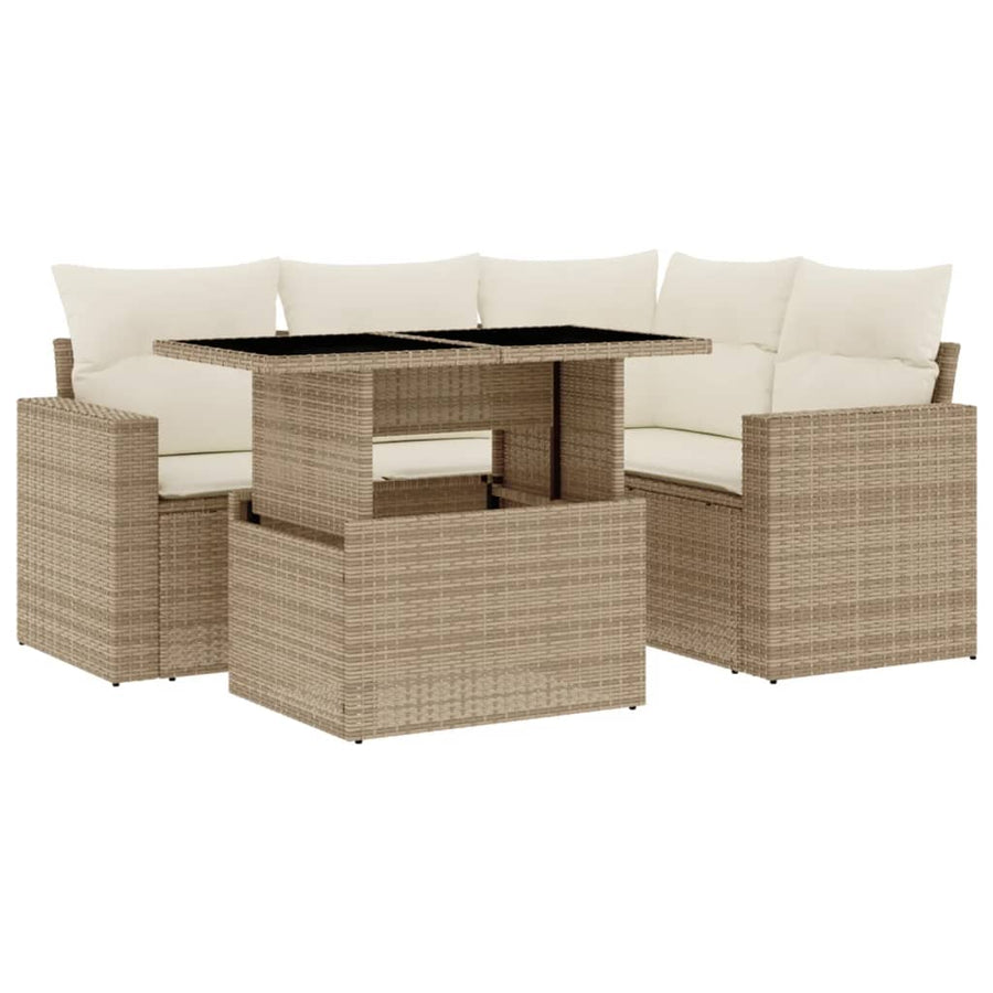 5-delige Loungeset met kussens poly rattan beige