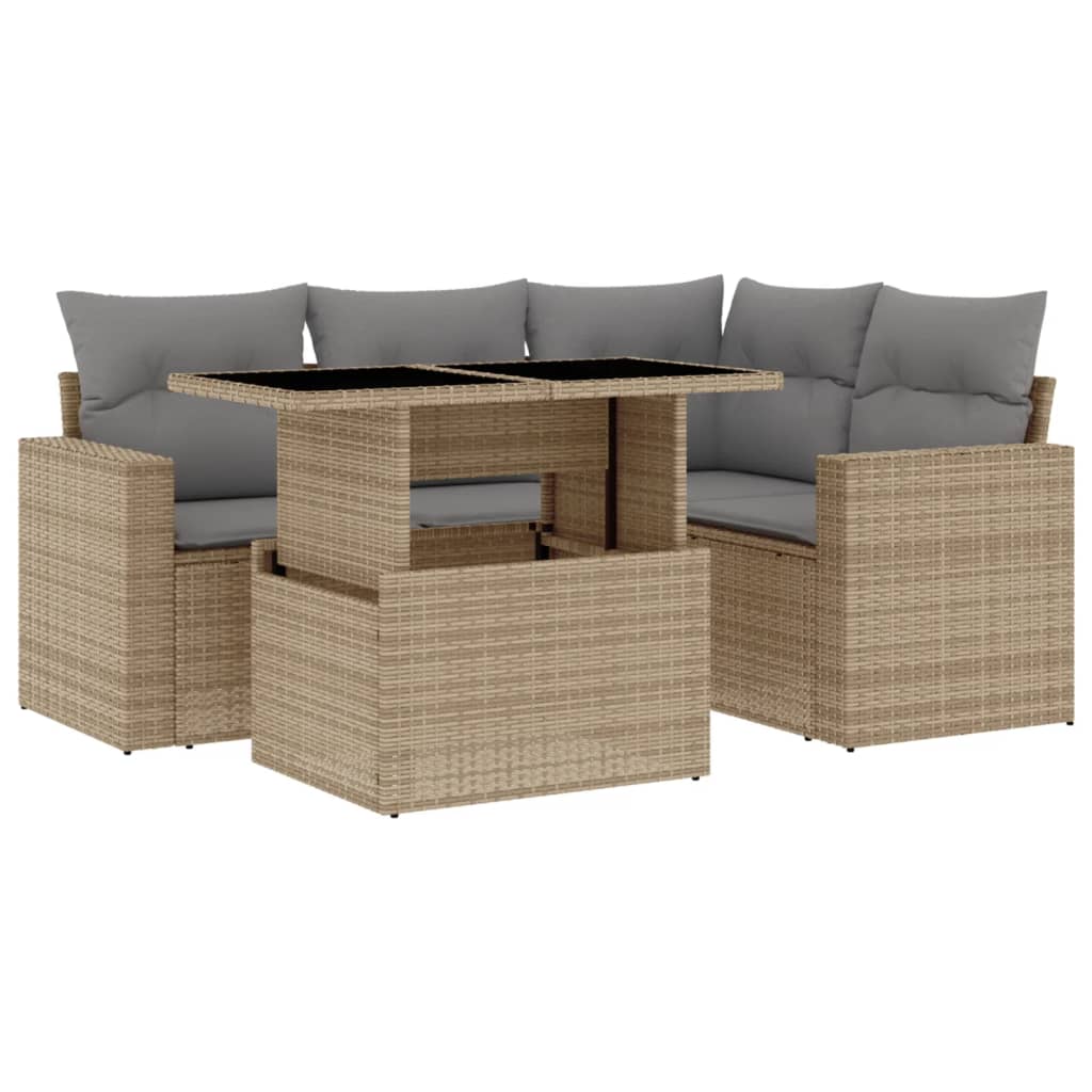 5-delige Loungeset met kussens poly rattan beige