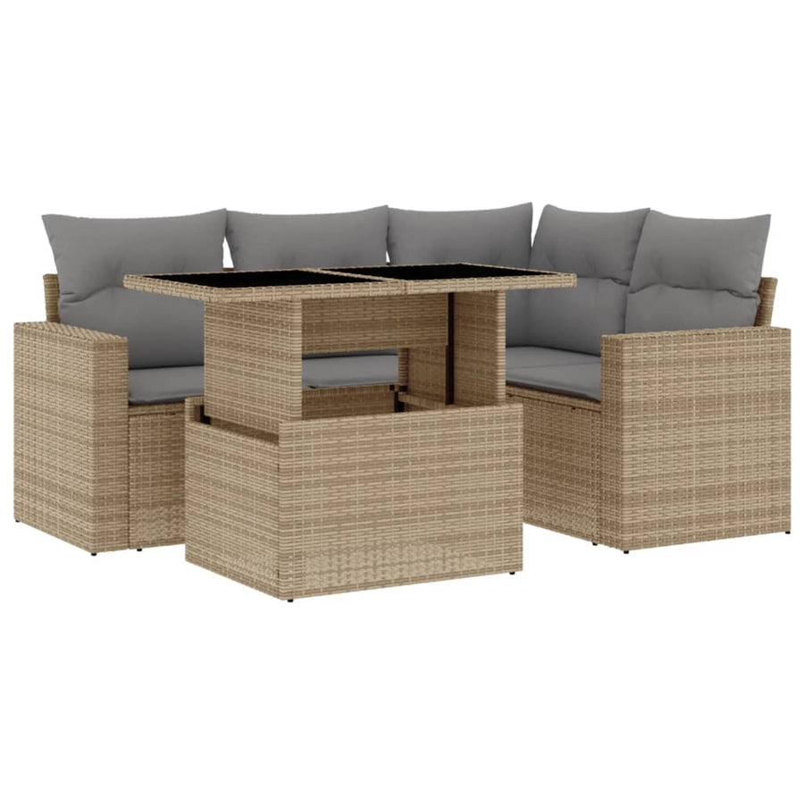 5-delige Loungeset met kussens poly rattan beige