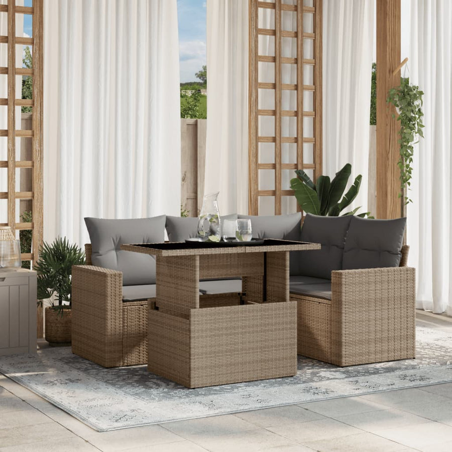 5-delige Loungeset met kussens poly rattan beige