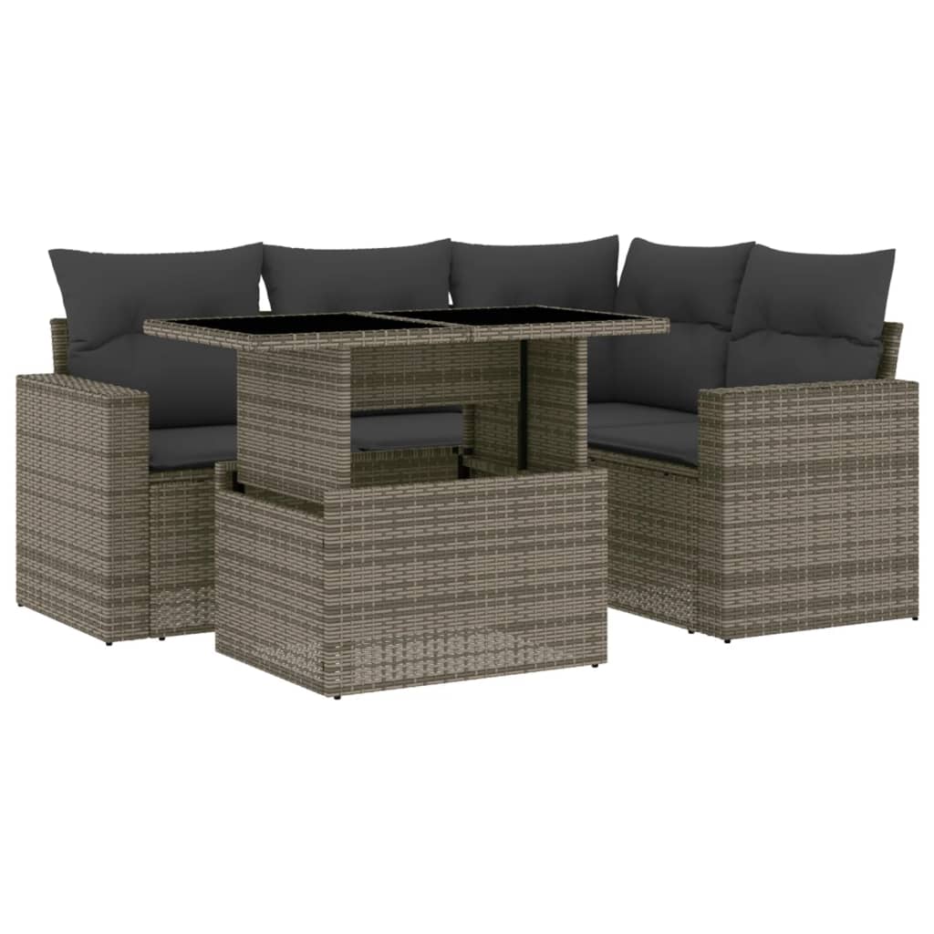 5-delige Loungeset met kussens poly rattan grijs