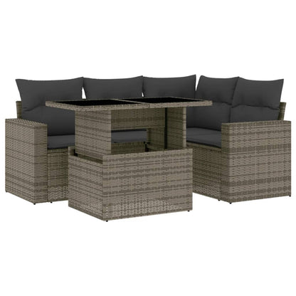 5-delige Loungeset met kussens poly rattan grijs
