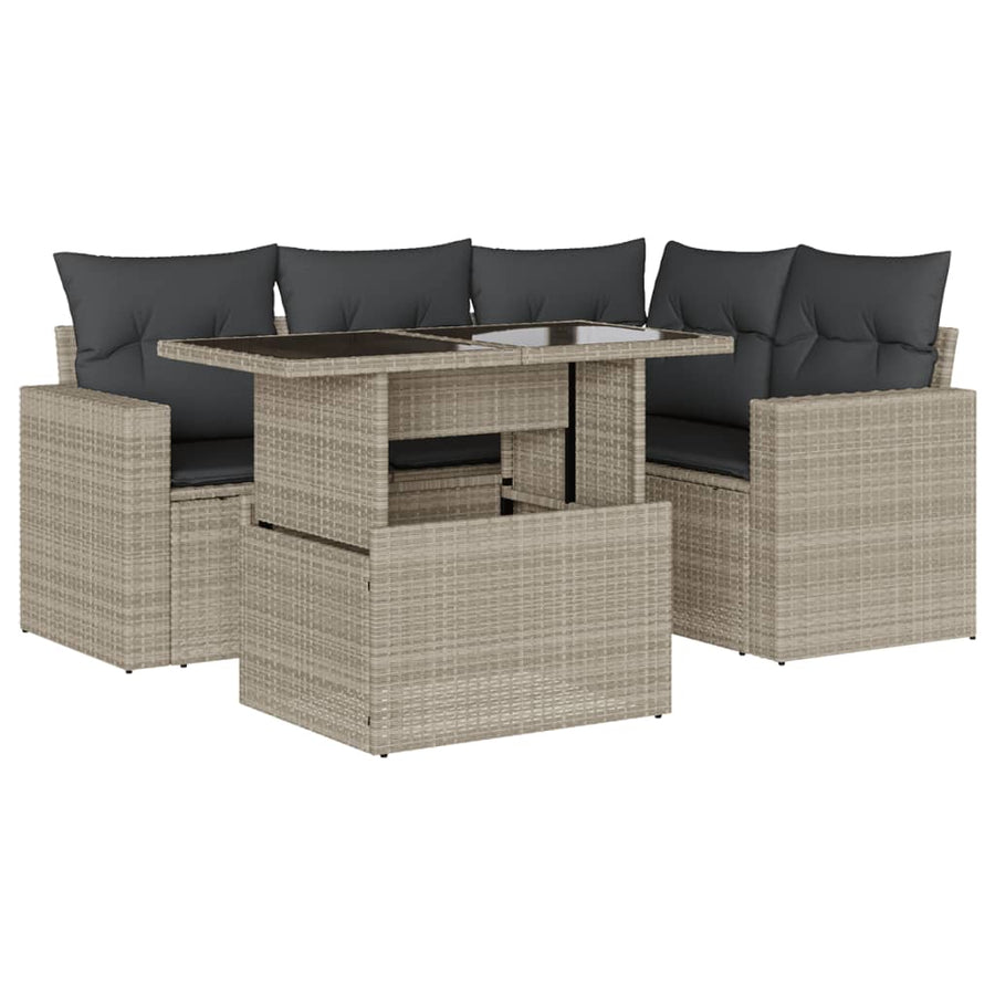 5-delige Loungeset met kussens poly rattan lichtgrijs