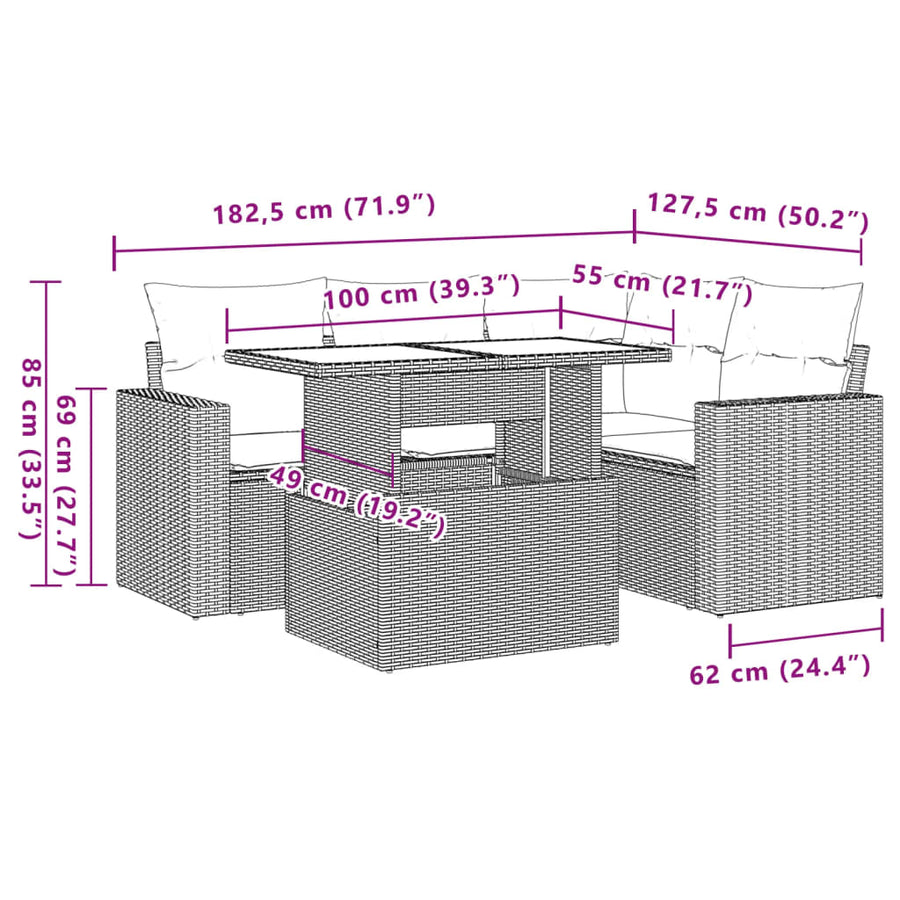 5-delige Loungeset met kussens poly rattan bruin