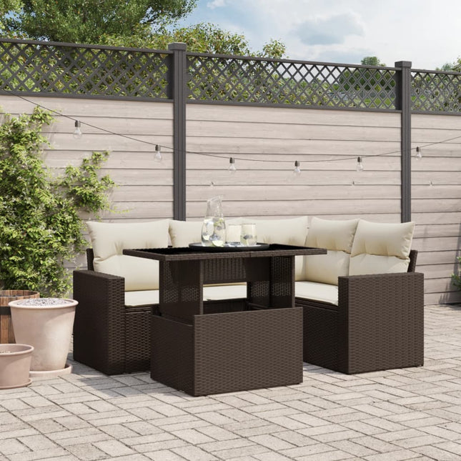 5-delige Loungeset met kussens poly rattan bruin