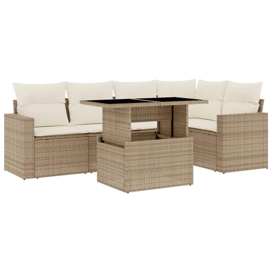 6-delige Loungeset met kussens poly rattan beige