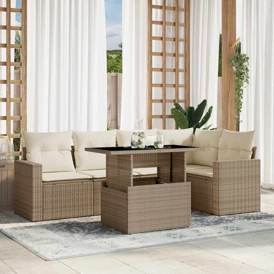 6-delige Loungeset met kussens poly rattan beige