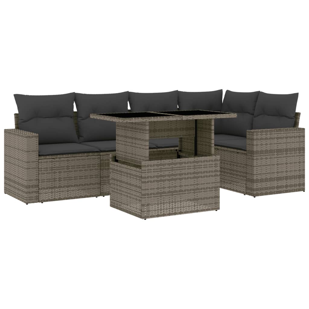 6-delige Loungeset met kussens poly rattan grijs