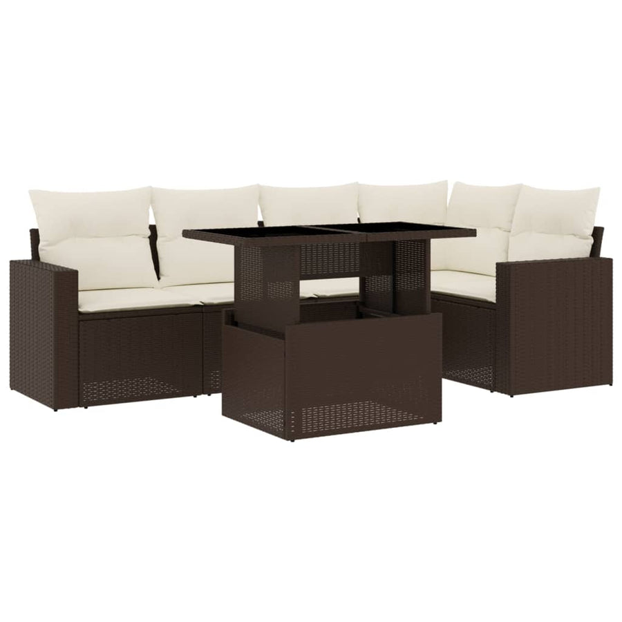 6-delige Loungeset met kussens poly rattan bruin