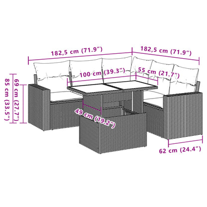 6-delige Loungeset met kussens poly rattan zwart