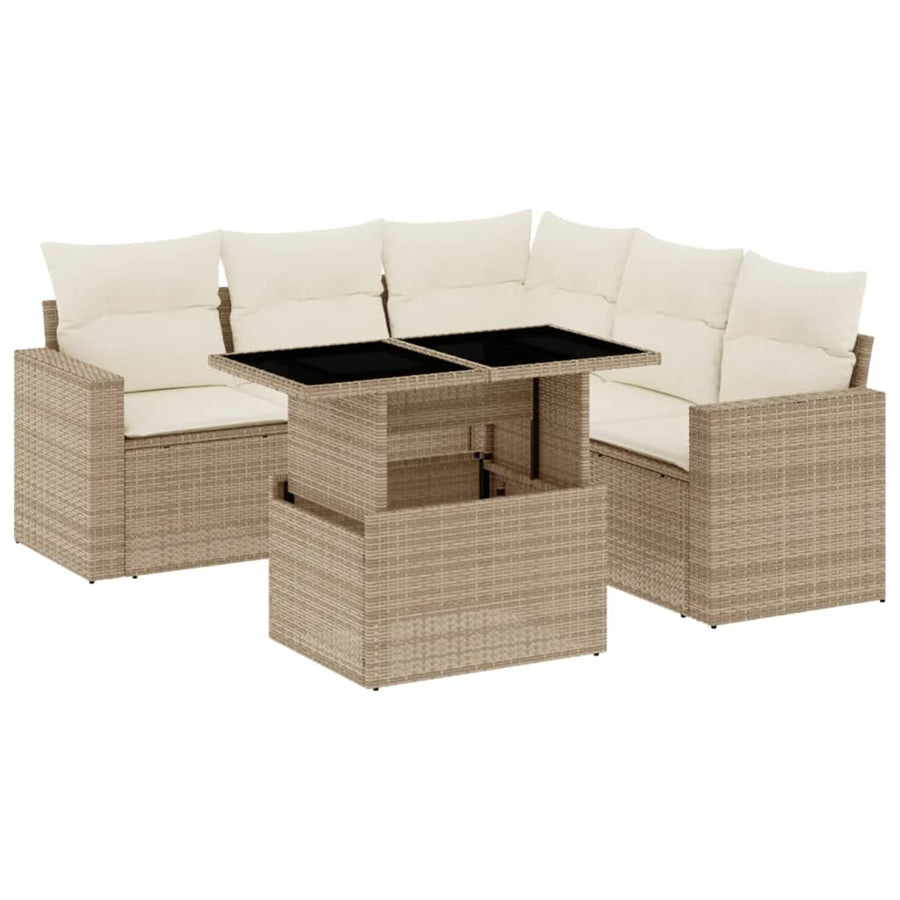6-delige Loungeset met kussens poly rattan beige