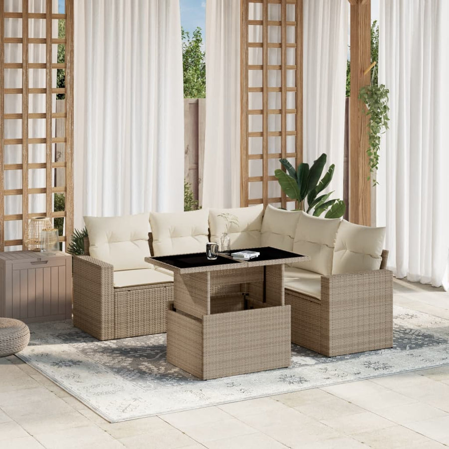 6-delige Loungeset met kussens poly rattan beige