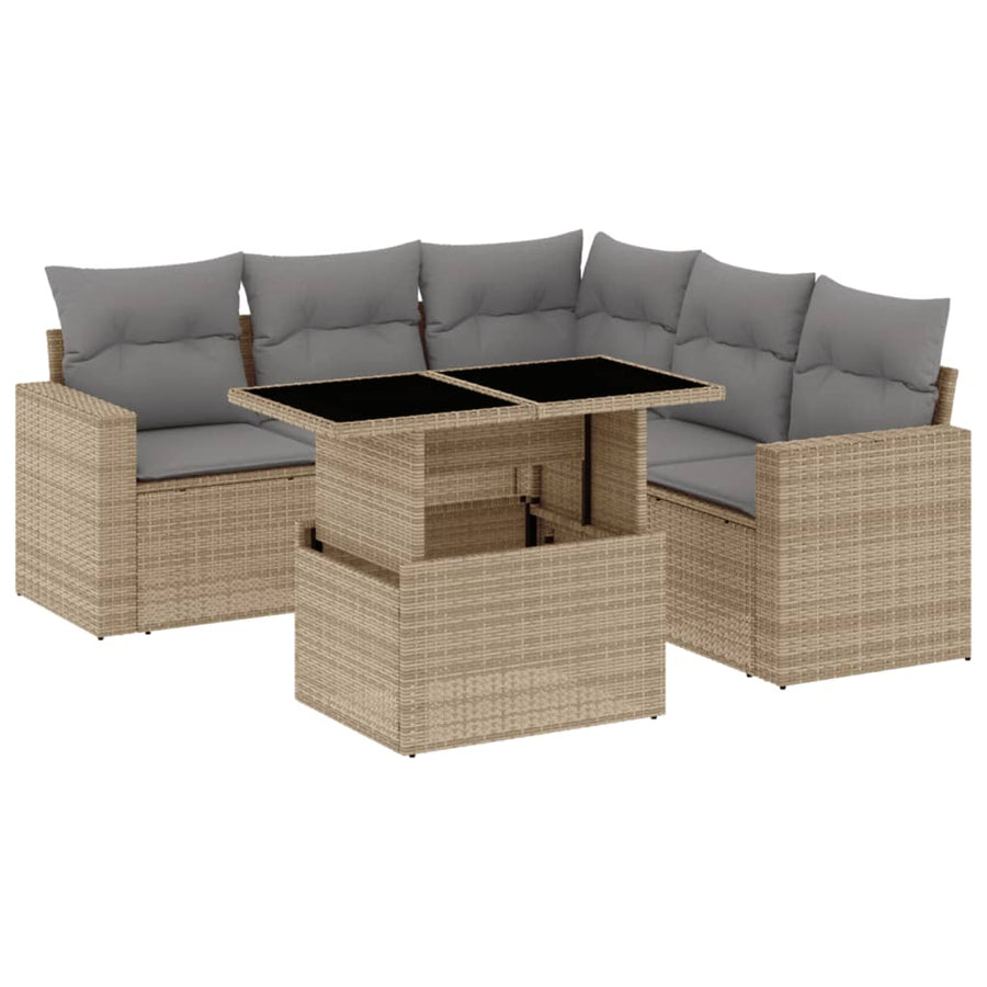 6-delige Loungeset met kussens poly rattan beige