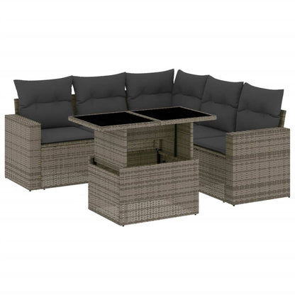 6-delige Loungeset met kussens poly rattan grijs