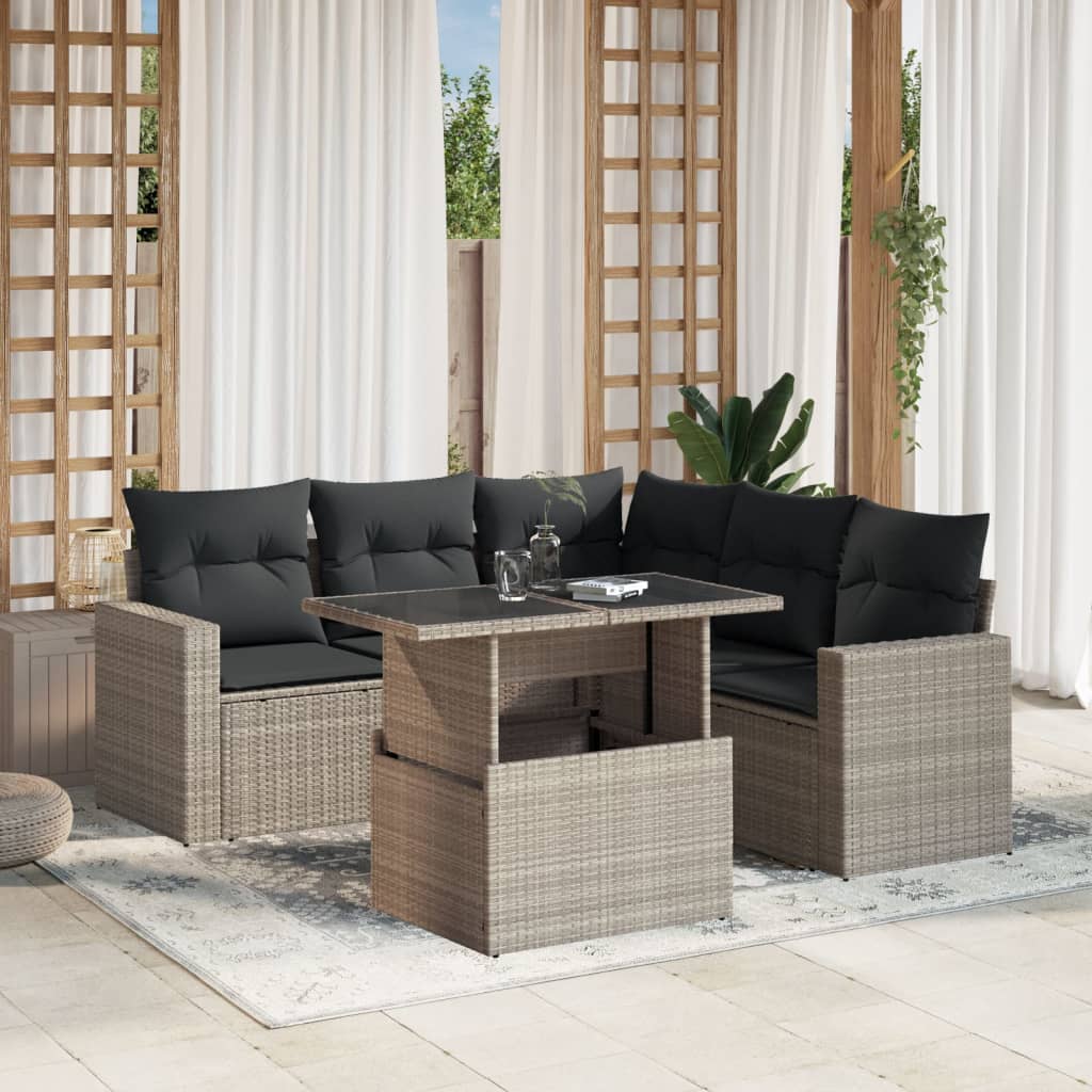 6-delige Loungeset met kussens poly rattan lichtgrijs