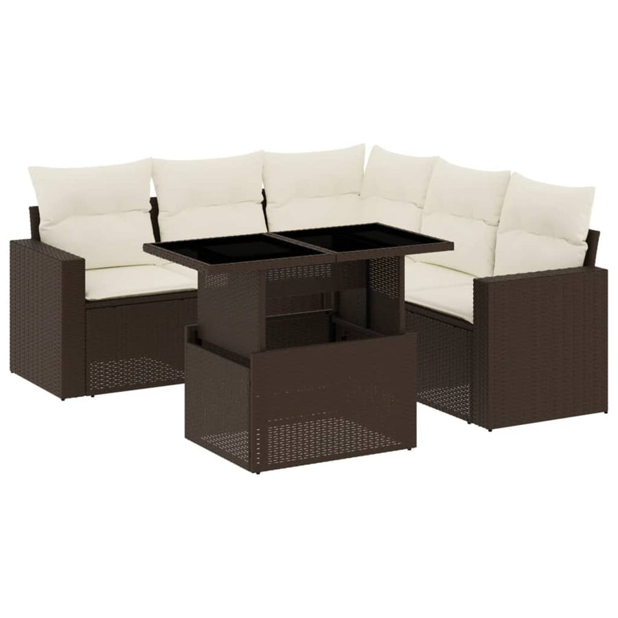 6-delige Loungeset met kussens poly rattan bruin