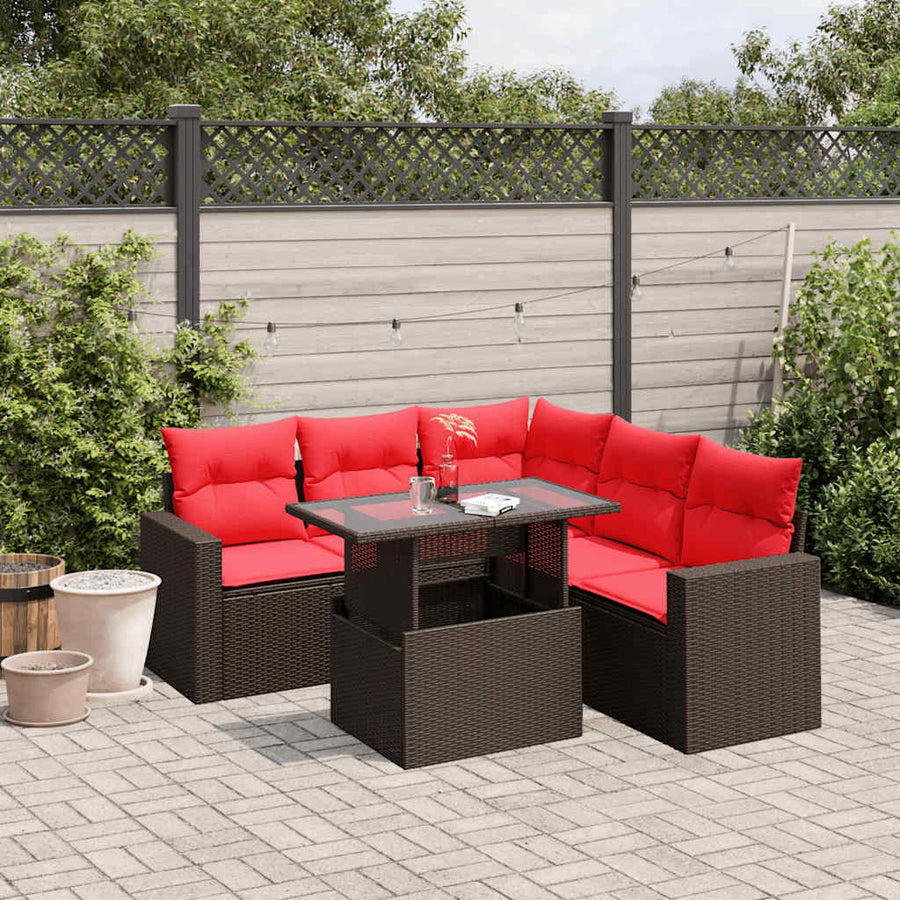 6-delige tuinbankset met kussens, bruin polyrotan