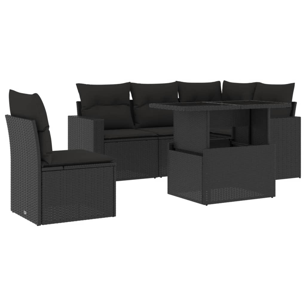 6-delige Loungeset met kussens poly rattan zwart