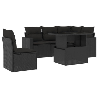 6-delige Loungeset met kussens poly rattan zwart