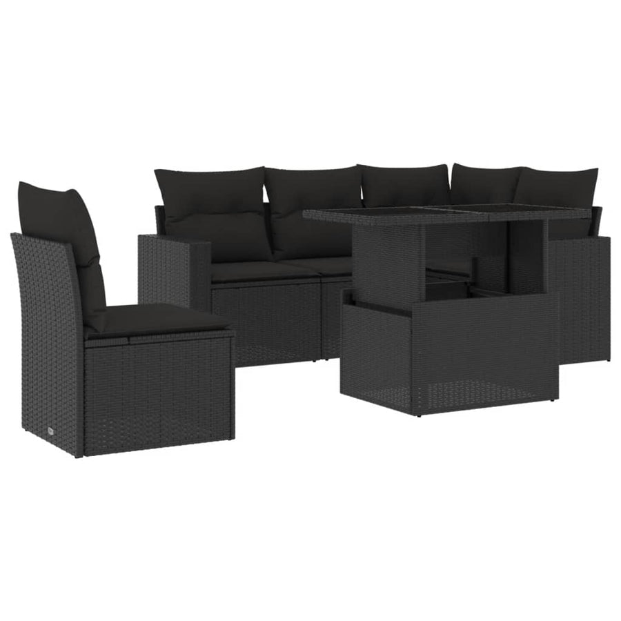 6-delige Loungeset met kussens poly rattan zwart