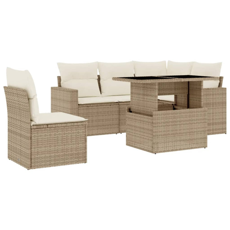 6-delige Loungeset met kussens poly rattan beige