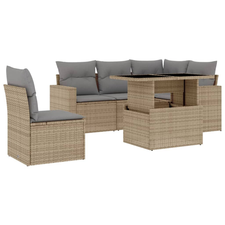 6-delige Loungeset met kussens poly rattan beige
