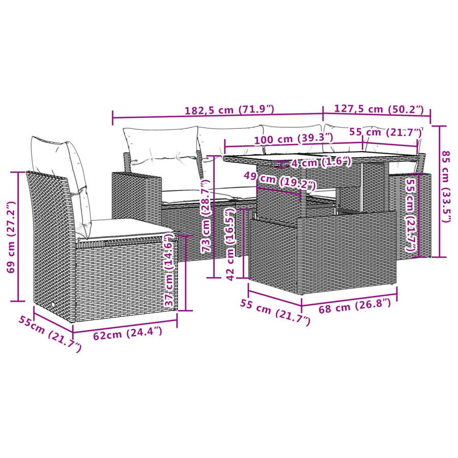 6-delige Loungeset met kussens poly rattan beige