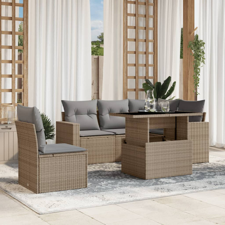 6-delige Loungeset met kussens poly rattan beige