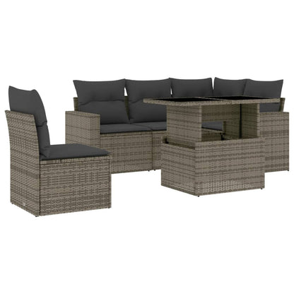 6-delige Loungeset met kussens poly rattan grijs