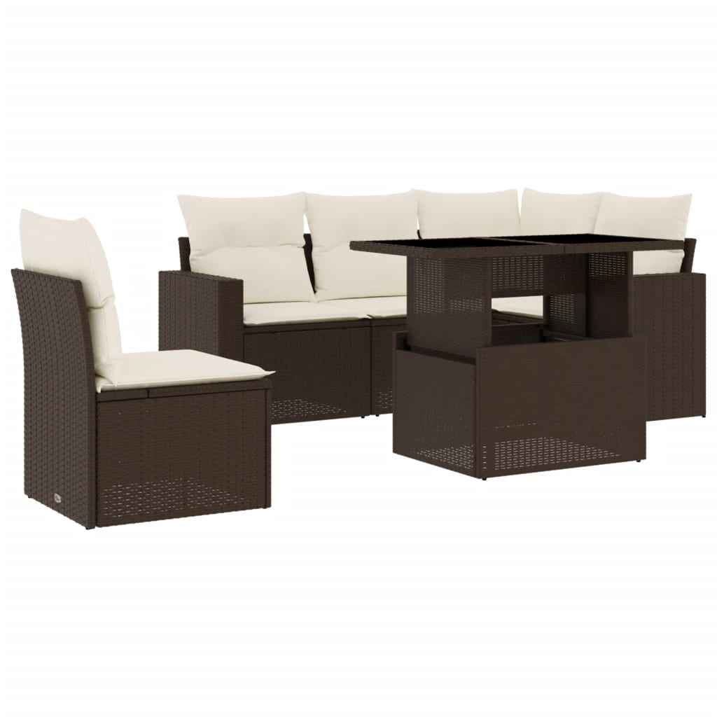 6-delige Loungeset met kussens poly rattan bruin