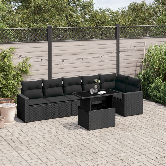 7-delige Loungeset met kussens poly rattan zwart