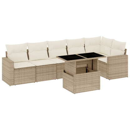 7-delige Loungeset met kussens poly rattan beige