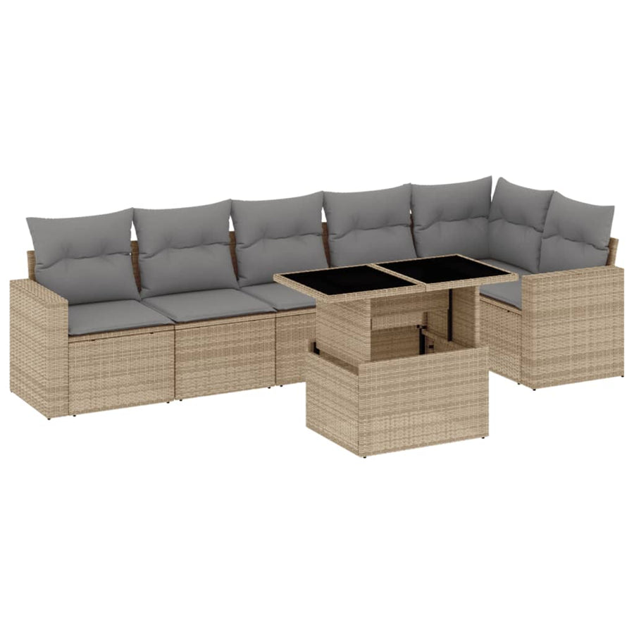 7-delige Loungeset met kussens poly rattan beige