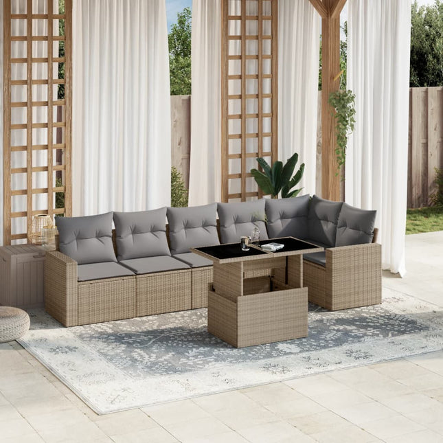 7-delige Loungeset met kussens poly rattan beige