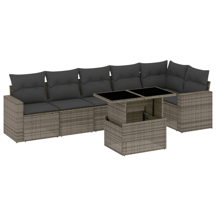 7-delige Loungeset met kussens poly rattan grijs