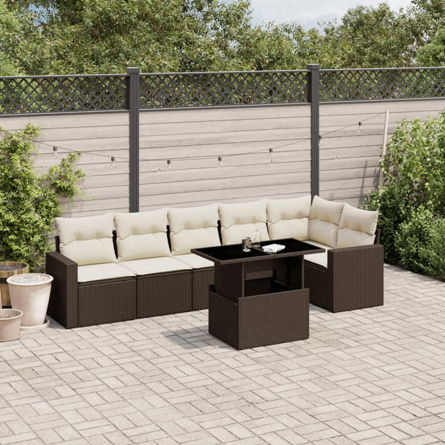 7-delige Loungeset met kussens poly rattan bruin